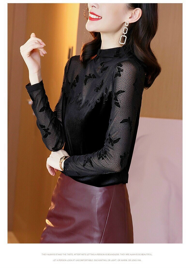 Áo Nhung Cổ Lưới Bướm Nổi - SM51